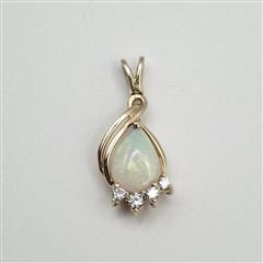 14K Yellow Gold Elegant Pear Cabochon Opal & Diamond Accent Teardrop Pendant